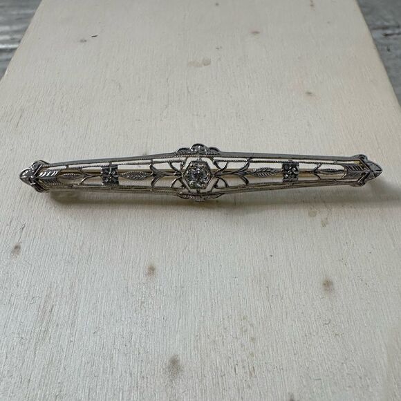 Antique Art Deco 14k Gold With Diamond Bar Brooch - Picture 1 of 9
